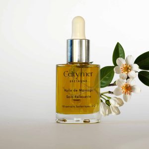 Flacon d'huile de soin corps et massage relaxante Celtymer à l'orange douce, fabriquée en Bretagne