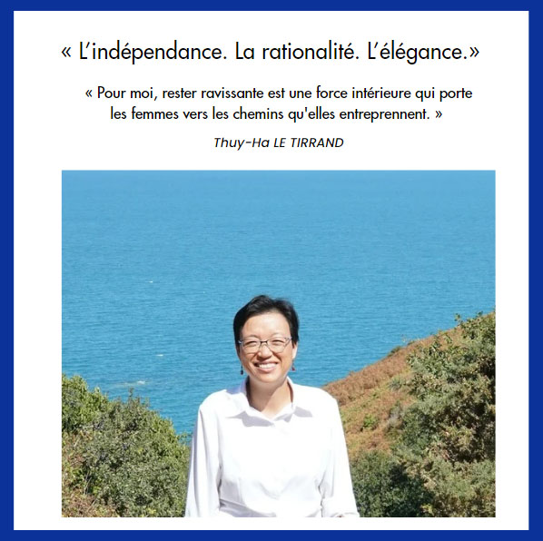 Portrait de Thuy-Ha LE TIRRAND, fondatrice de Celtymer et ingénieure chimiste, souriante devant la mer en Bretagne, surmonté des trois piliers « L'indépendance. La rationalité. L'élégance. » et de sa citation inspirante.